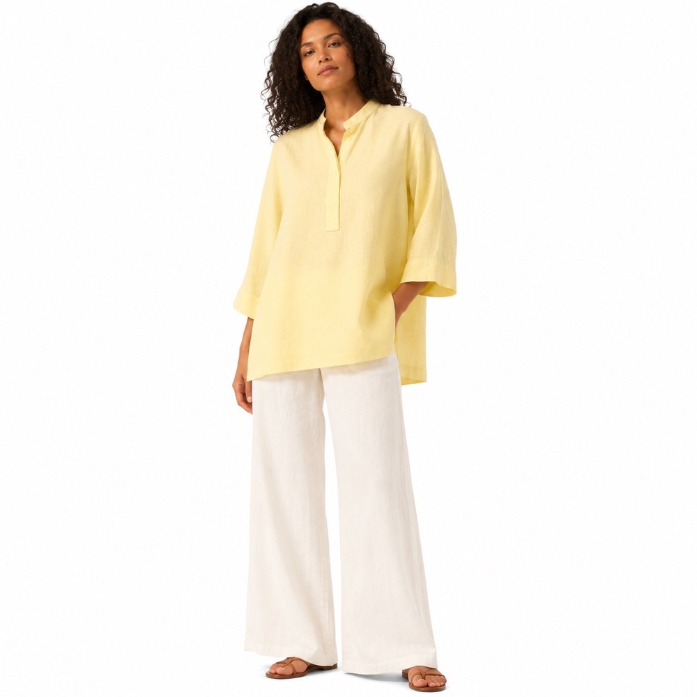 Lafayette 148 Tunic 100% Linen Yellow Mandarin Collar Coastal Lagenlook Womens M